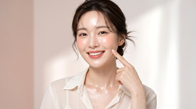 Beautiful Korean woman smiling with clear glowing skin pointing at her cheek for cosmetic skincare brand advertising.