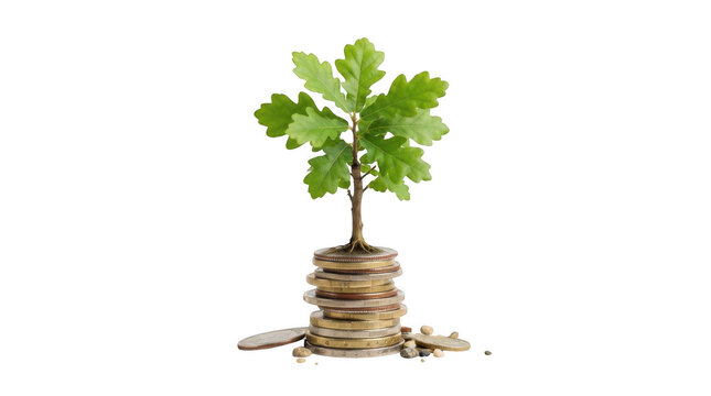 Small green oak tree growing out of stack of golden coins isolated on transparent background for financial growth concept