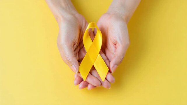 Yellow ribbon resting in cupped hands on a matching background, endometriosis awareness month campaign, reproductive health solidarity