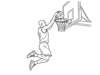 A dynamic line art illustration of a basketball player in mid-air, performing a powerful slam dunk with the ball going through the hoop. © Biya