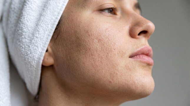 Young woman with natural skin texture and visible pores wears a white towel after a refreshing shower in this detailed close up portrait profile shot