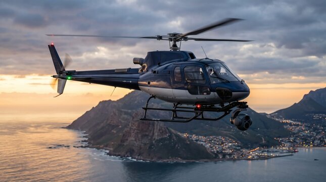 Helicopter flying over a coastal city at sunset with mountains in the background