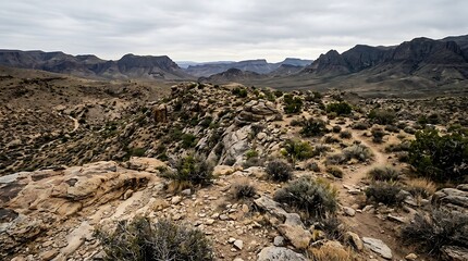 Arid rocky landscape with sparse vegetation under overcast sky © Curtis