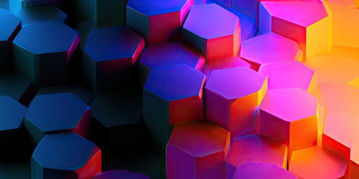 3D geometric hexagonal pattern with vibrant neon light gradient from blue to orange