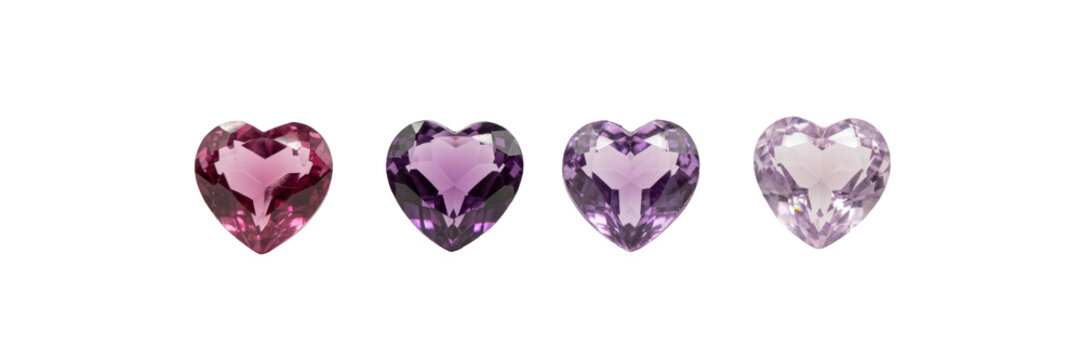 Four heart shaped gemstones in graduating shades of purple and pink arranged in a horizontal line isolated on a transparent background