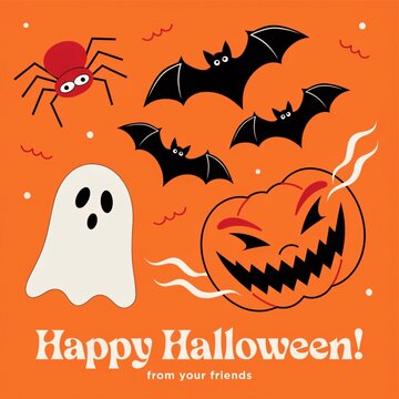 Halloween card with flying bats, spider, ghost and evil smiling pumpkin face. Vector illustration.