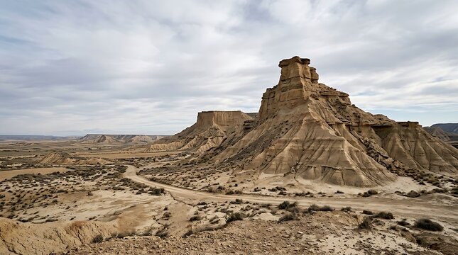 Barren desert landscape with dramatic rock formations under a cloudy sky