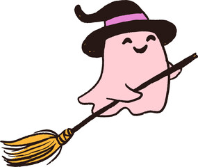Naklejka premium Cute hand-drawn ghost in a witch hat riding a broomstick. Playful Halloween doodles series.