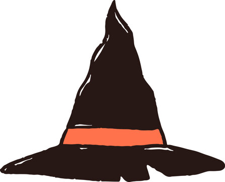 Hand drawn black sorcerer or witch hat with orange ribbon. Playful Halloween doodles series.