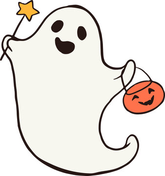 Cute hand drawn ghost carrying pumpkin lantern and magic wand. Playful Halloween doodles series.