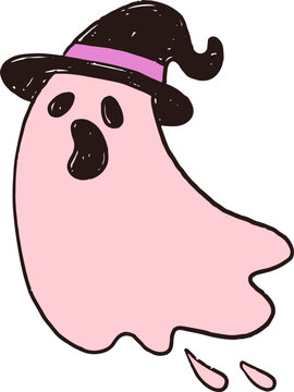 Cute hand drawn ghost wearing witch hat. Playful Halloween doodles series.