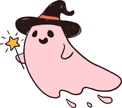Cute hand drawn ghost with magic wand wearing witch hat. Playful Halloween doodles series.