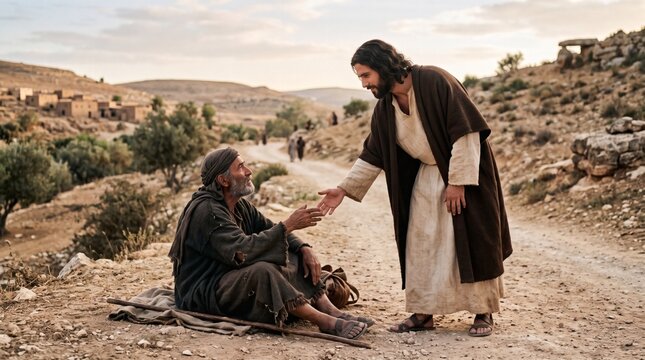 Jesus Christ extends a helping hand to a man in need on a dusty road in an ancient village setting