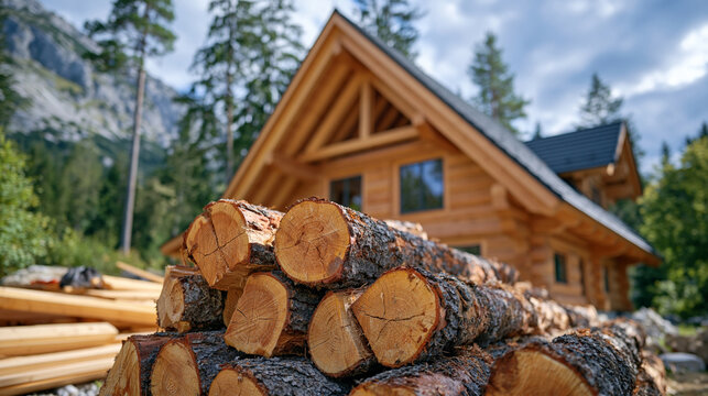 Close architectural perspective of an unfinished A frame cabin in mountain wilderness, raw timber beams showing detailed wood grain and saw marks, steep exposed rafters forming a triangular roof str
