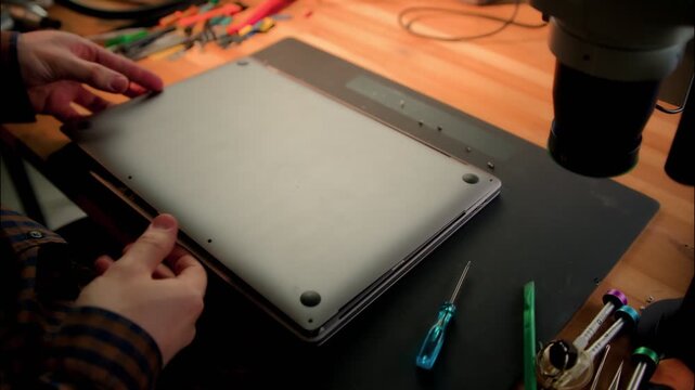 Laptop Repair Workspace with Open Bottom Cover