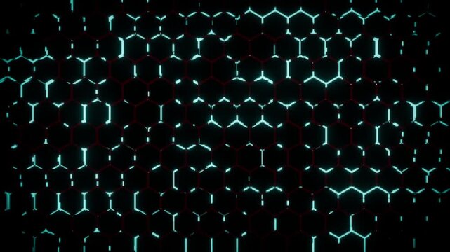 blue and red geometric hexagonal pixelated style background in 4k seamless loop