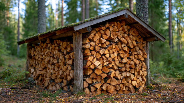 Remote Scandinavian style woodshed built from raw timber in a dense boreal forest, stacks of neatly split spruce firewood reaching almost to the roof, simple sloped roof with subtle moss growth, rus