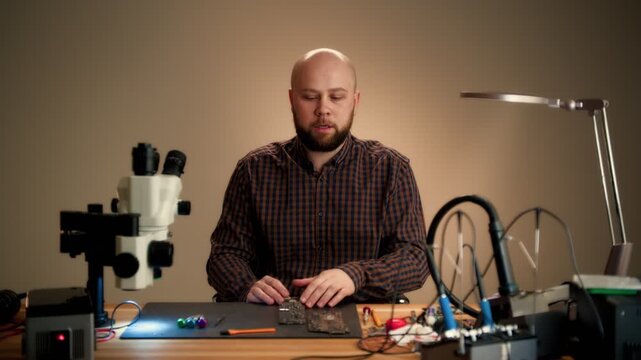 Electronics technician inspecting circuit board at repair bench