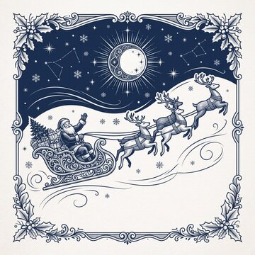 Vintage Christmas Border with Santa Sleigh and Reindeer