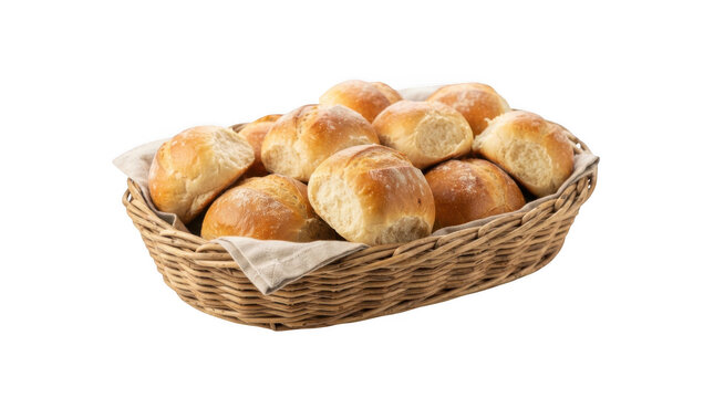 Basket full of freshly baked golden bread rolls isolated on transparent background for bakery and food industry