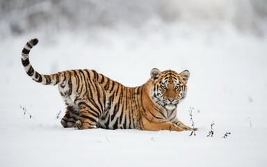 Obraz premium A young tiger crouching low in the deep white snow, looking towards the camera with its tail raised, surrounded by a winter landscape with blurred trees in the background