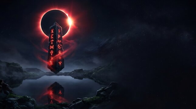 Floating runic monolith under a solar eclipse, glowing red arcane symbols, dark fantasy lake landscape, cinematic RPG environment, mystical ancient artifact, eerie night scene.