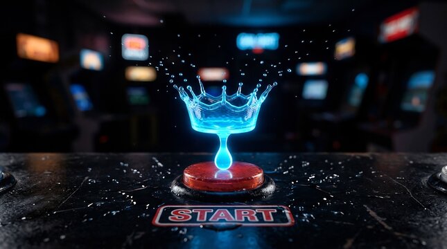 Glowing blue water crown splashing over red arcade start button, dark neon gaming room, cinematic digital effect, e-sports concept.
