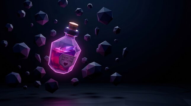 Glowing low-poly health potion bottle floating in dark void with geometric shards, purple RPG magic elixir, 3D digital game asset.