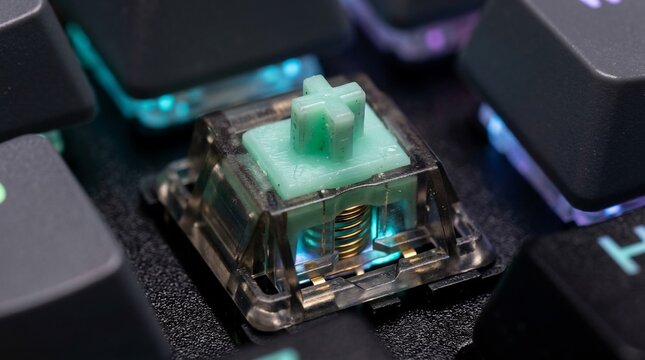 Macro of mechanical keyboard switch with teal stem and clear housing. Features gold spring and RGB backlight for gaming hardware enthusiasts and PC customization.
