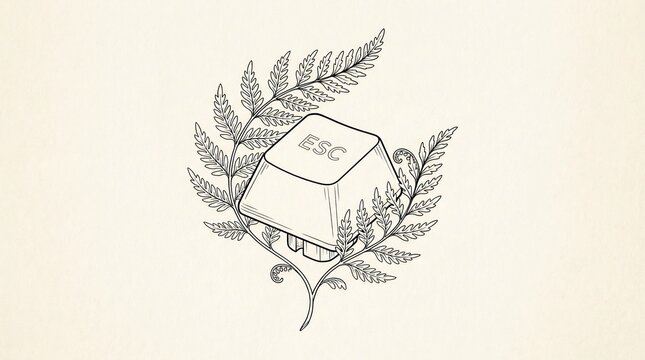 Minimalist line art of an ESC keyboard key surrounded by ferns, illustrating digital detox and gaming escape themes.