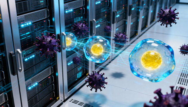 Glowing biological cells and dark dangerous viruses floating inside modern server room digital computing infrastructure environment