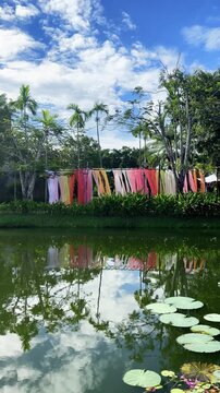 Colorful textile installation in green urban park, where lightweight transparent fabrics create dynamic artistic tunnel and move naturally with breeze, shot handheld, vertical video. High quality 4k