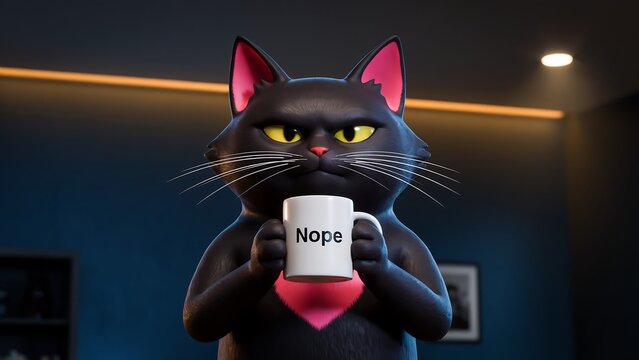 A3d rendered black cat with yellow eyes holding a white ceramic coffee mug with the word nope printed on it