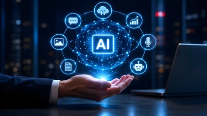 Obraz premium Businessman and robotic hand holding glowing artificial intelligence sphere representing human and machine learning collaboration