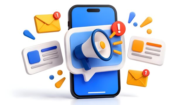 Smartphone displaying 3d megaphone and multiple notification icons representing mobile digital marketing campaign