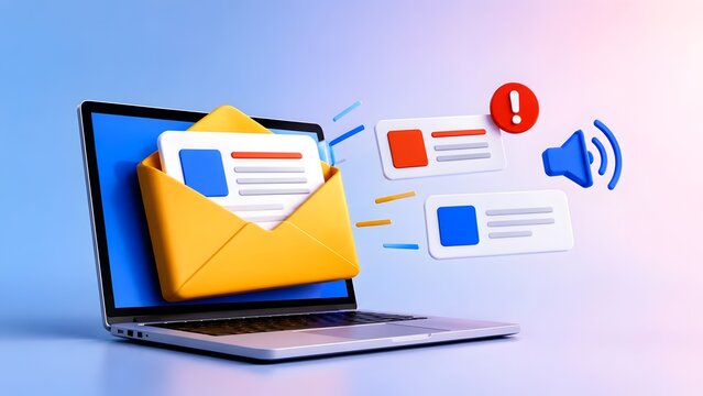 Laptop displaying 3d open email envelope and notification bubbles representing incoming digital marketing messages