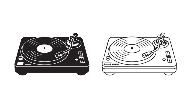 vintage vinyl record player silhouette with outline art vector icon design
