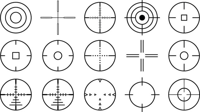 Crosshair sniper aim scope and target focus thin line icon set featuring hunting optical symbols