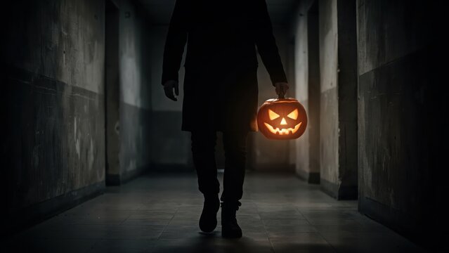 Person carrying a glowing jack-o-lantern through a dark eerie hallway
