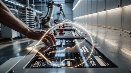 Fototapeta premium Hand interacts with a digital touchscreen interface on an industrial control panel within a manufacturing facility, displaying glowing white data graphics and circular icons.