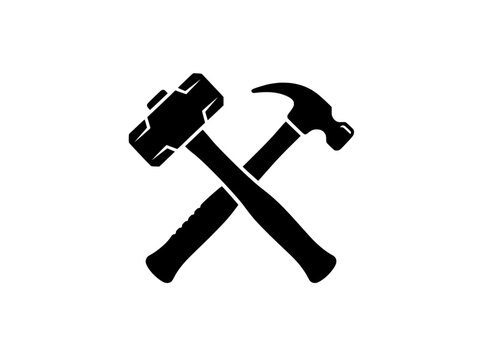Industrial crossed hammer and sledgehammer icon, black construction tools vector, renovation and repair service logo