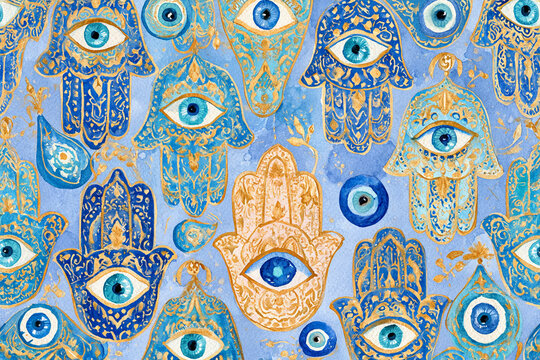Watercolor full-frame illustration of hamsa hands and evil eye amulets with dense overlapping ornate hamsa symbols, blue evil eye charms and intricate henna patterns, vibrant color