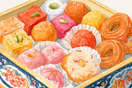 Watercolor full-frame illustration of Indian festival sweet box with assorted mithai sweets including barfi ladoo jalebi and peda arranged in ornate box, dense close-up