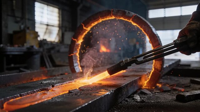 Pressing torch tip into groove, gloved forearm cutting in shop, widening groove around glowing ring