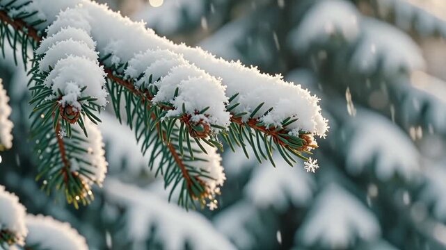 Snowflakes falling gently onto snow-covered pine branch, winter macro closeup with soft light