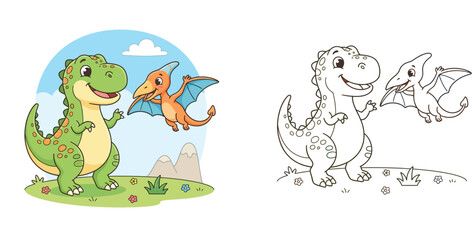 Cute cartoon T-Rex and flying Pterodactyl friends - prehistoric vector illustration for children © Dewan
