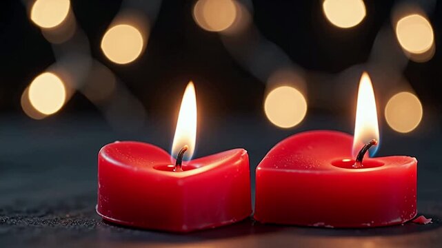 Two red heart-shaped candles burning steadily side by side, warm flame glow on dark background with bokeh