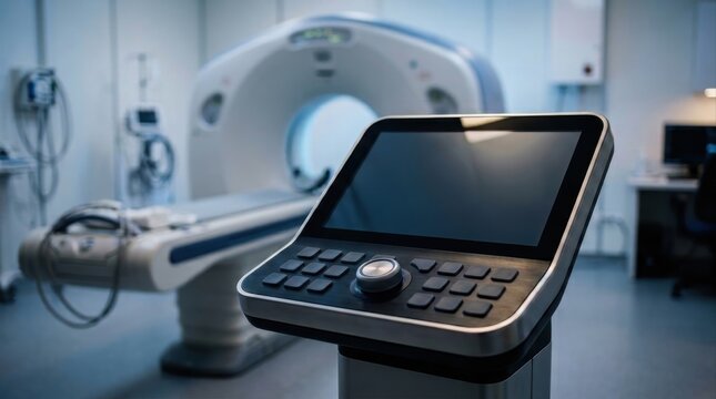 Modern CT scan machine and control panel in a hospital room