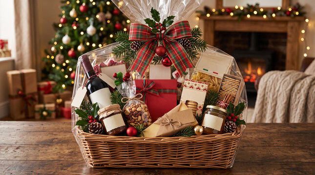 Christmas Gift Basket Filled With Food and Wine