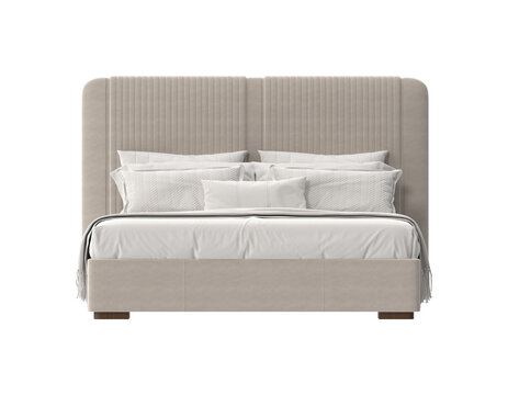 Modern upholstered bed with plush white bedding and a textured headboard